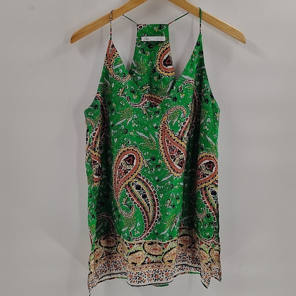 ZARA green paisley print split side halter top size medium